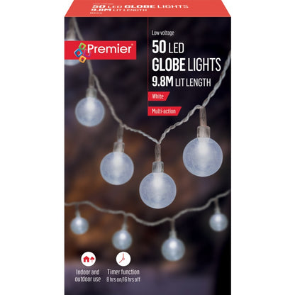 Box of Premier 50 LED globe lights with clear globe lights on a dark background