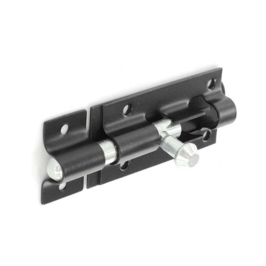 Black metal bracket with two cylindrical components on a white background
