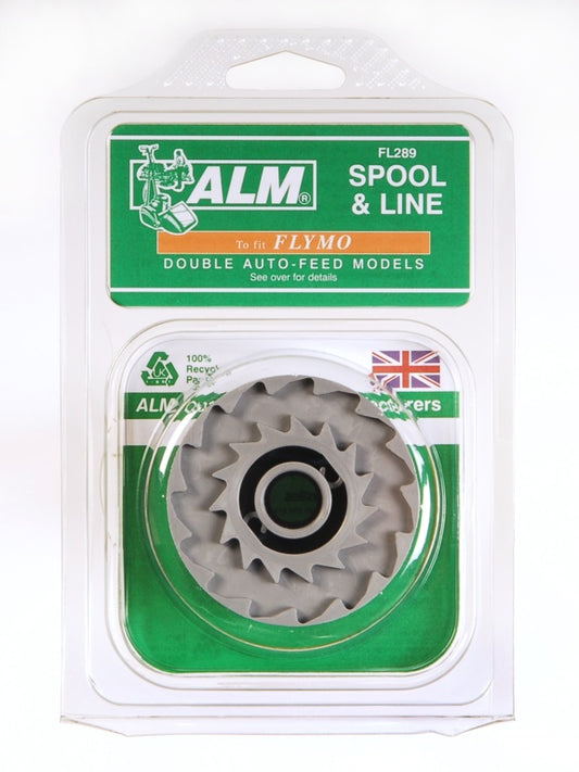 ALM spool and line packaging for Flymo models on a white background