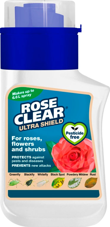 Rose Clear Ultra Shield pesticide bottle with blue cap and rose graphic on label