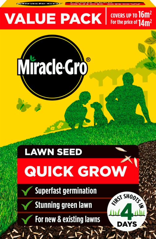 Miracle-Gro lawn seed packaging with a family on grass and butterfly illustration.