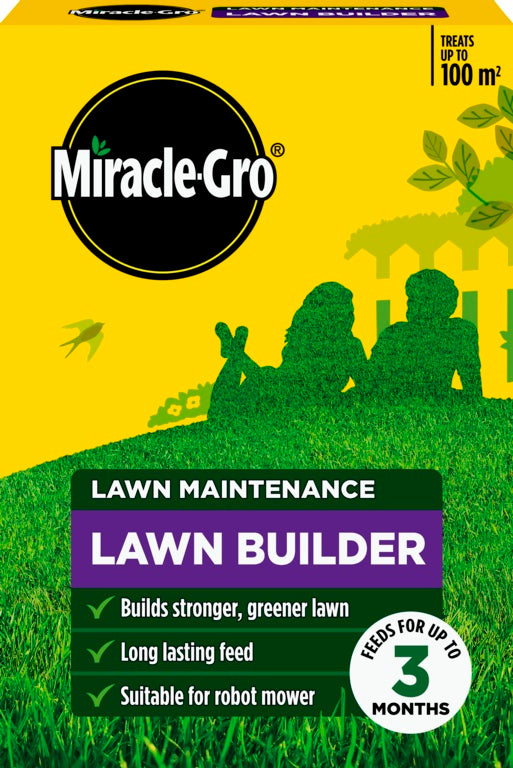 Miracle-Gro Lawn Maintenance Lawn Builder packaging with yellow background and green grass illustration.