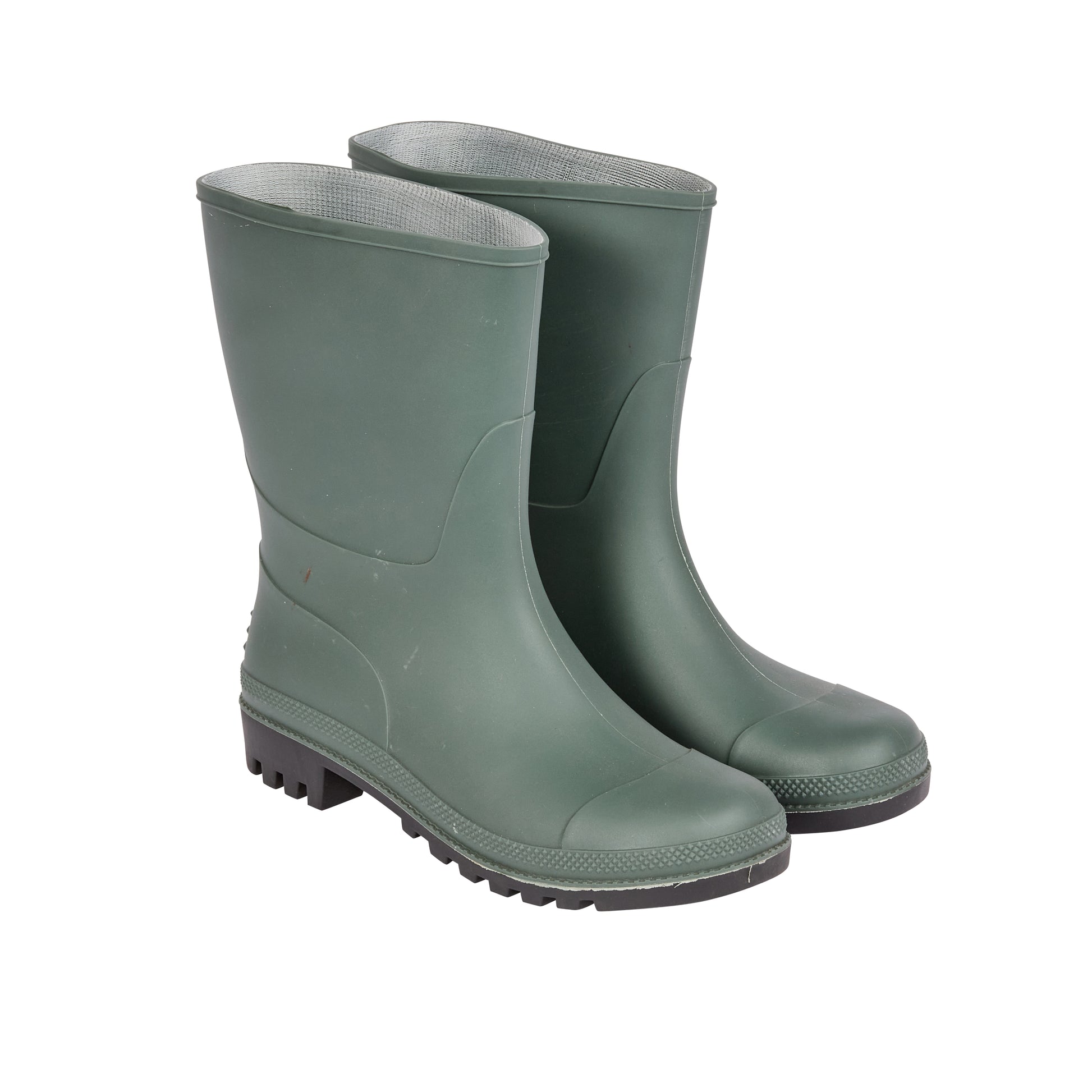 Pair of green rubber boots on a white background