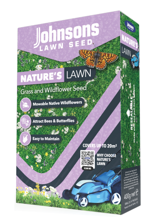 Johnson's Nature's Lawn seed packaging with a butterfly and lawn mower illustration on a white background.