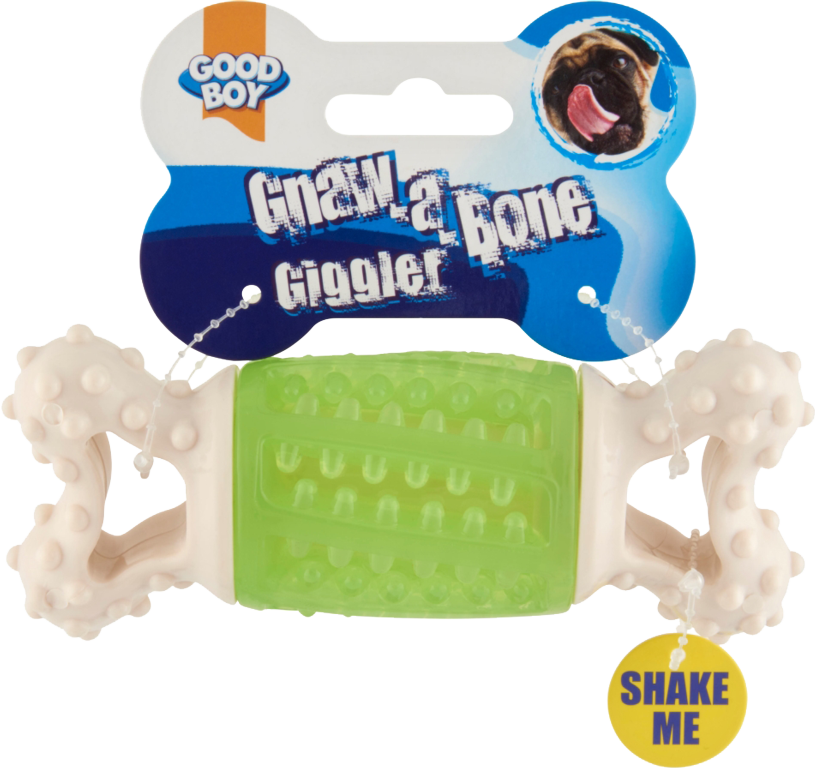 Dog toy with green center and textured surface, branded 'Good Boy', on a white background.