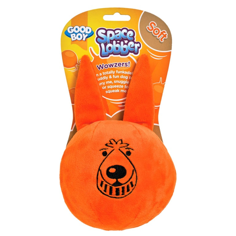 Orange dog toy with 'Good Boy Space Lobber' packaging on a white background