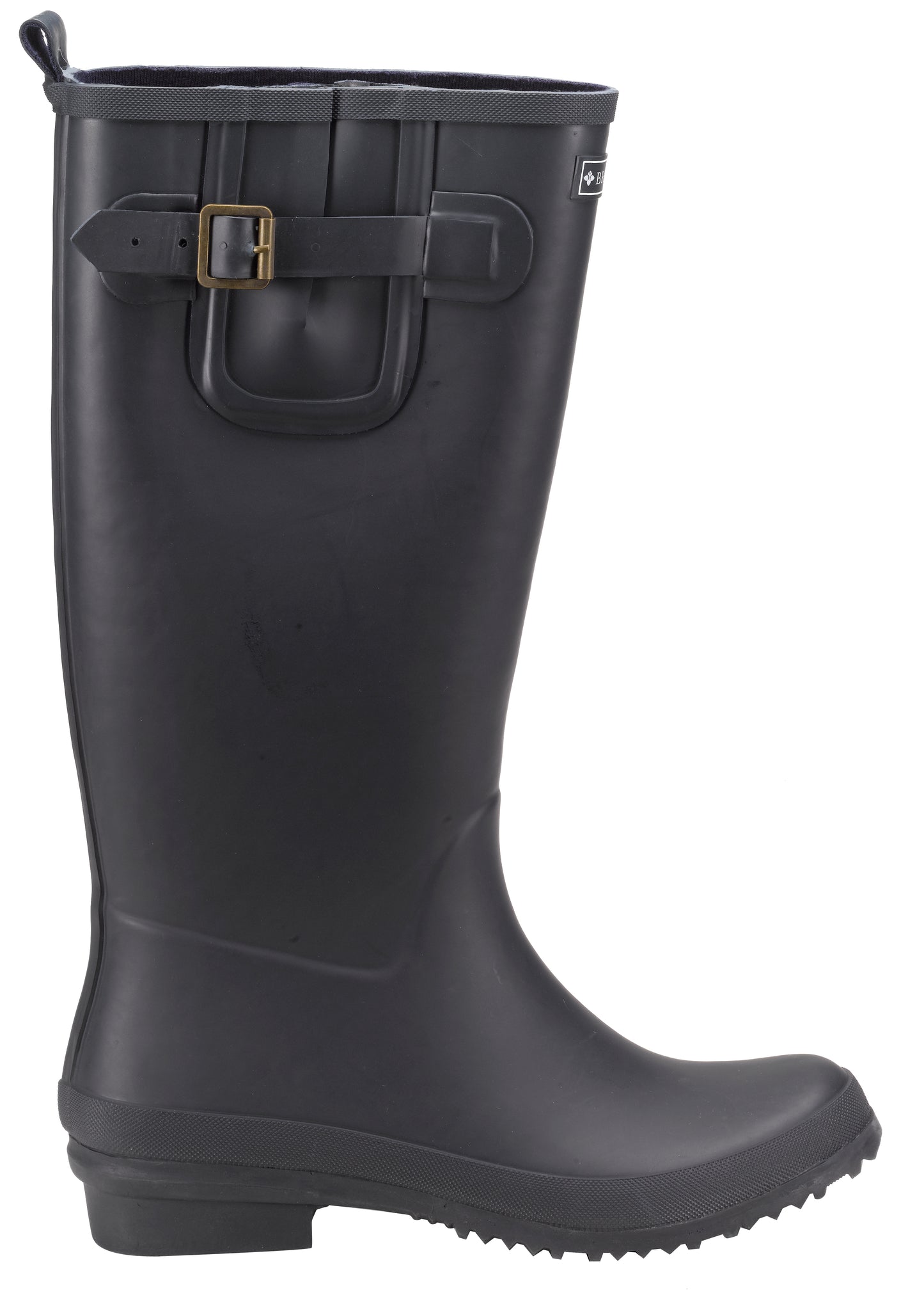 Black rubber boot with a buckle on a white background