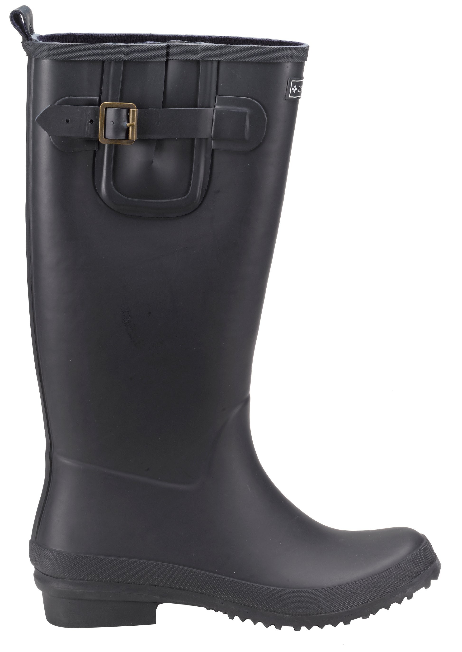Black rubber boot with a buckle on a white background