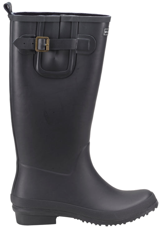 Black rubber boot with a buckle on a white background