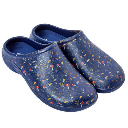 Pair of blue clogs with floral pattern on a white background