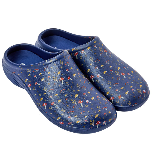 Pair of blue clogs with floral pattern on a white background
