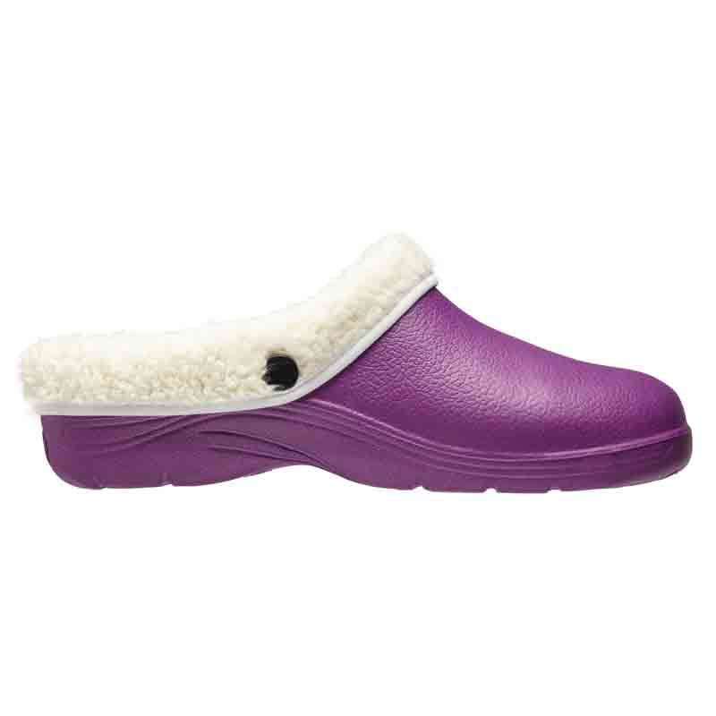 Purple clog shoe with white fur lining on a white background