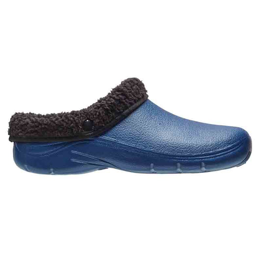 Blue clog shoe with brown fuzzy lining on a white background