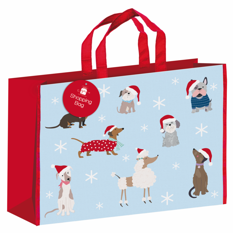 Shopping bag with Christmas-themed dogs and red handles on a light blue background