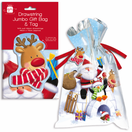 Christmas-themed drawstring gift bag with Santa Claus and reindeer design, featuring packaging on the left.