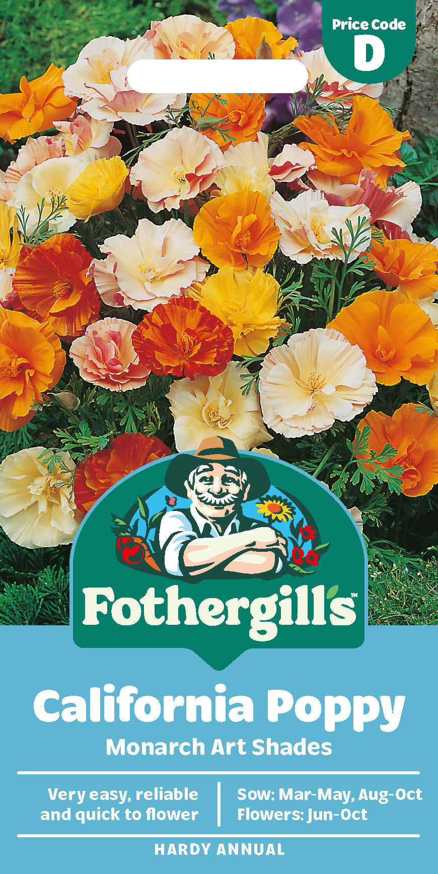 Fothergill's California Poppy seed packet with colorful flowers and brand logo.