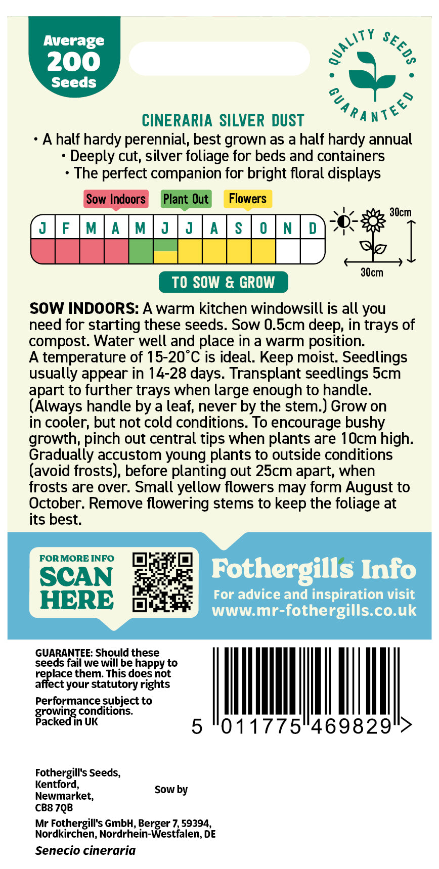 Mr Fothergill's Cineraria Silver Dust Seeds Packet