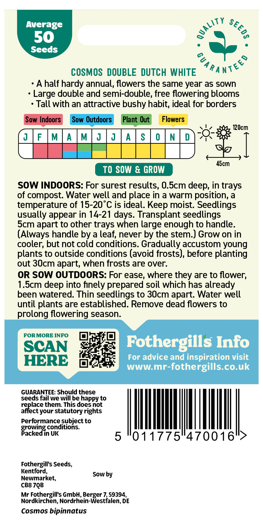 Mr Fothergill's Cosmos Double Dutch White Seeds Packet