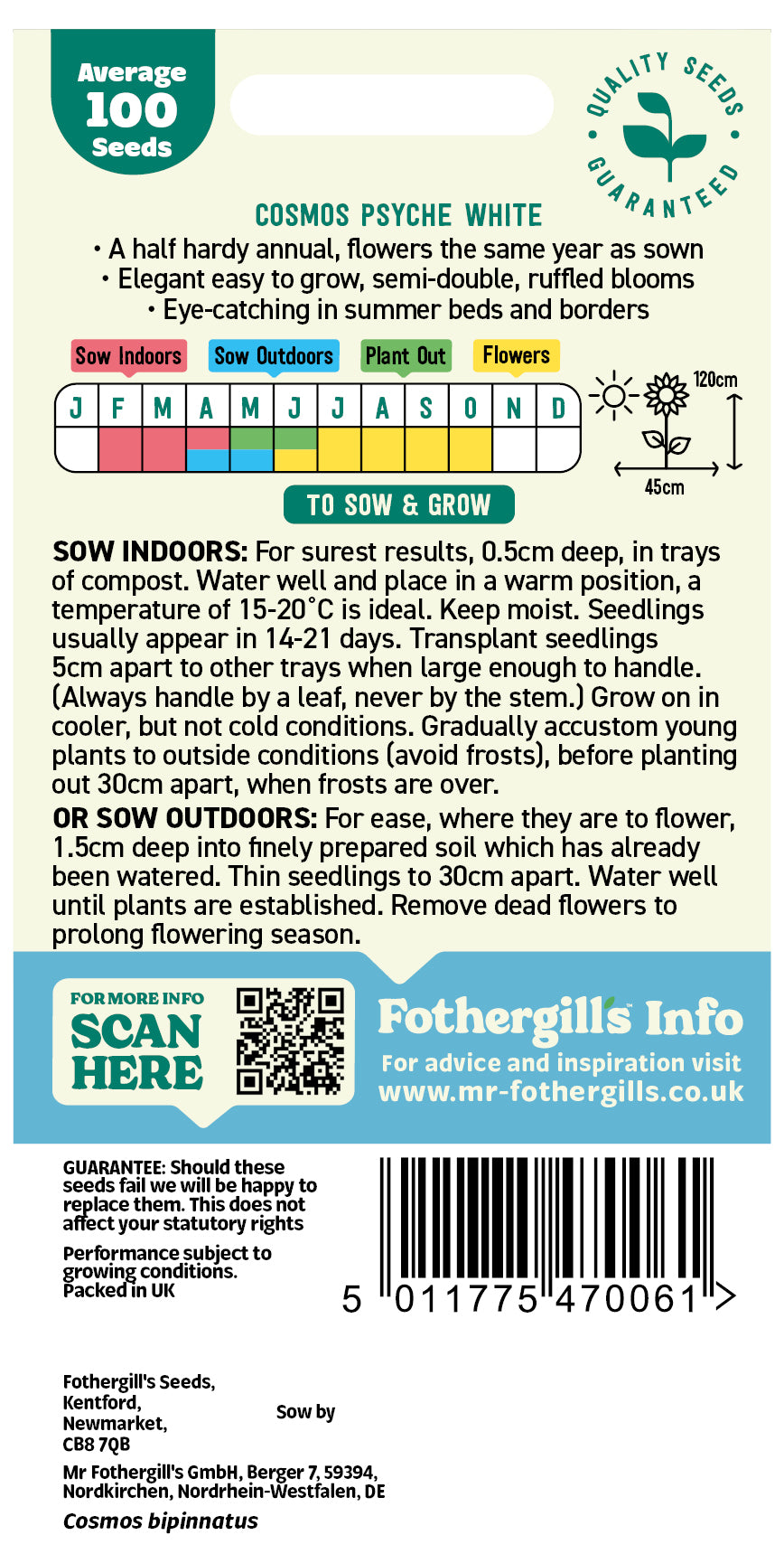 Mr Fothergill's Cosmos Psyche White Seeds Packet