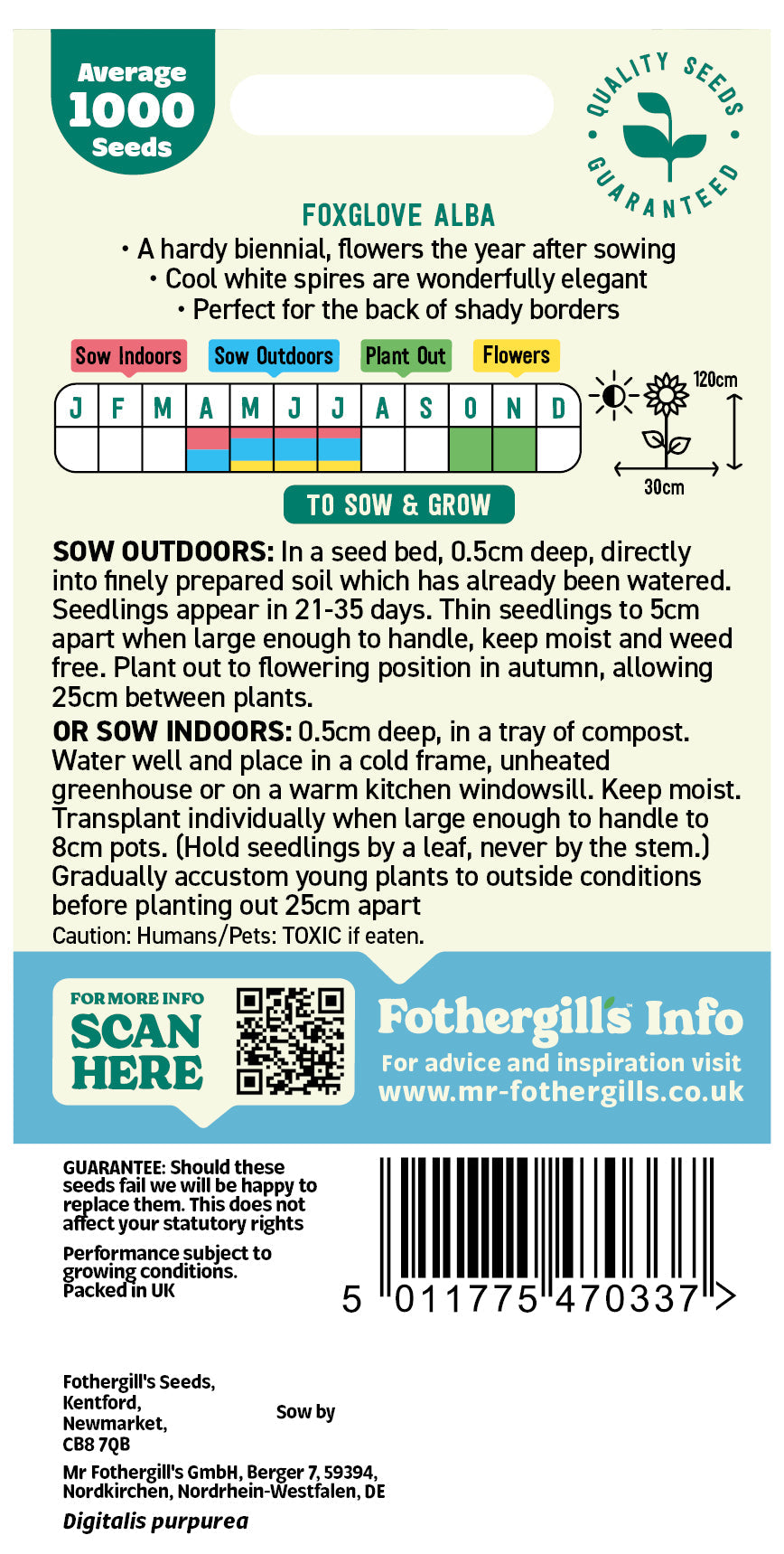 Mr Fothergill's Foxglove Alba Seeds Packet