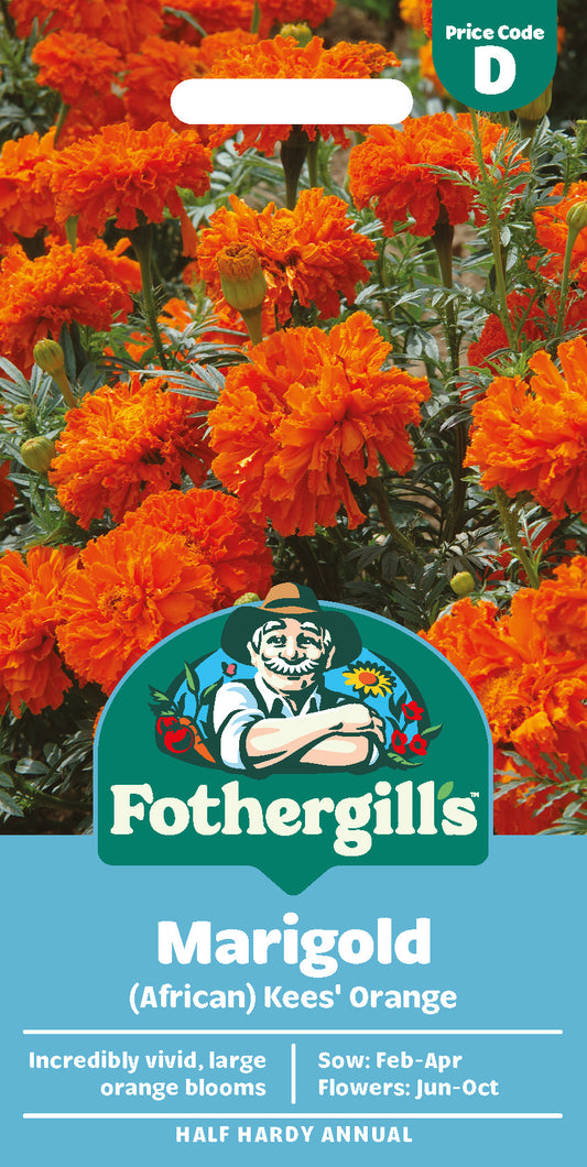 Marigold seeds packaging with brand logo and orange flowers.
