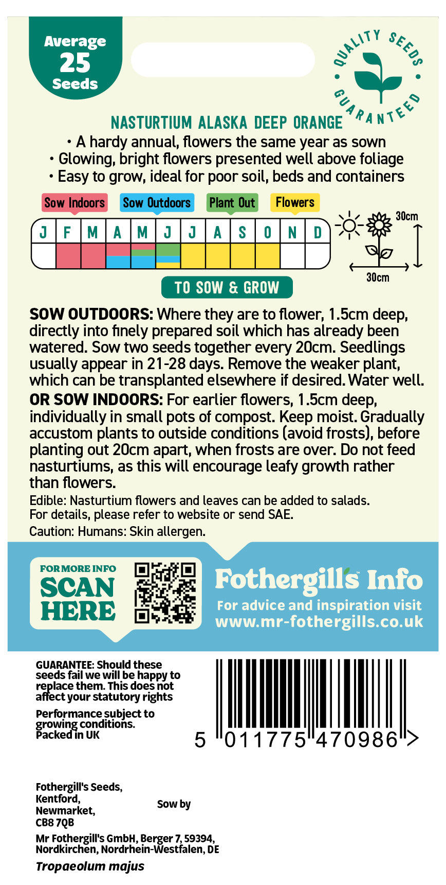 Mr Fothergill's Nasturtium Alaska Tip Top Deep Orange Seeds Packet