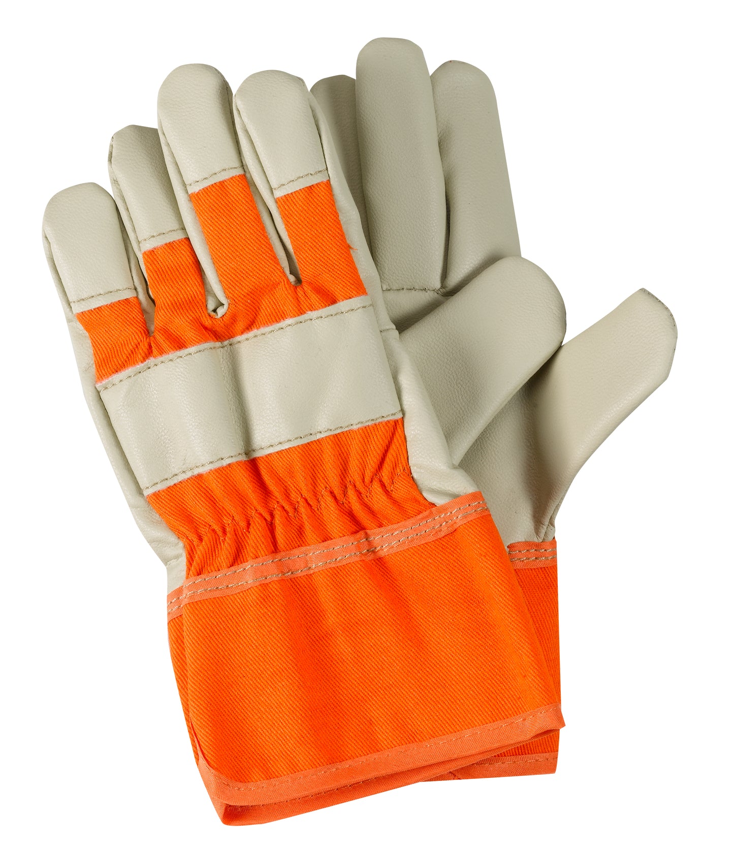 Pair of gloves with orange and beige sections on a white background