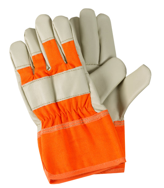 Pair of gloves with orange and beige sections on a white background