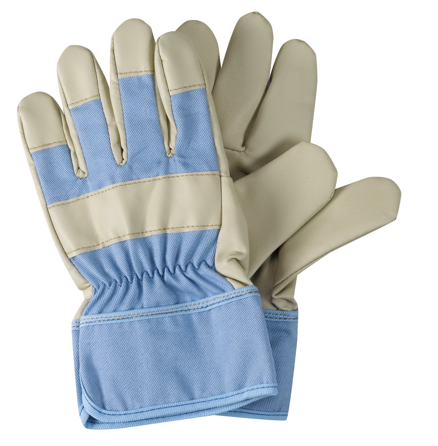 Pair of beige and blue work gloves on a white background