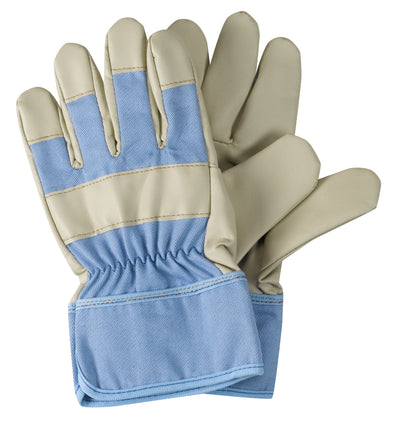 Pair of beige and blue work gloves on a white background