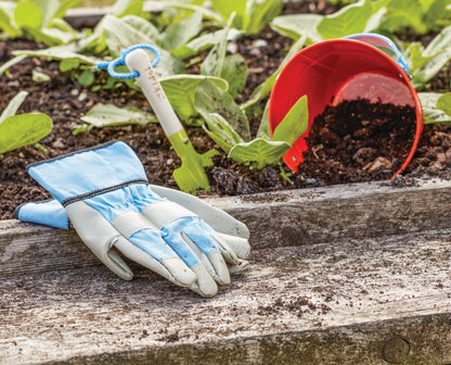 Pair of beige and blue work gloves next to a soil bed and a red bucket