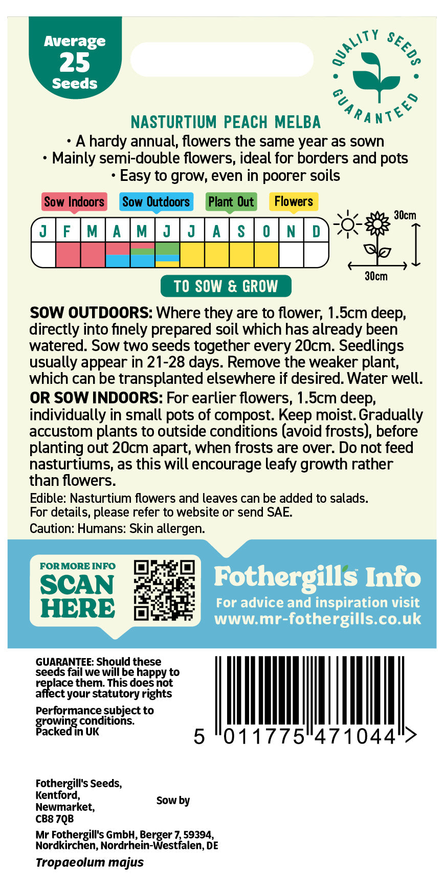 Mr Fothergill's Nasturtium Peach Melba Seeds Packet