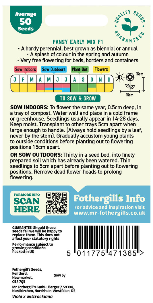 Mr Fothergill's Pansy Mr F's Early Mix F1 Seeds Packet