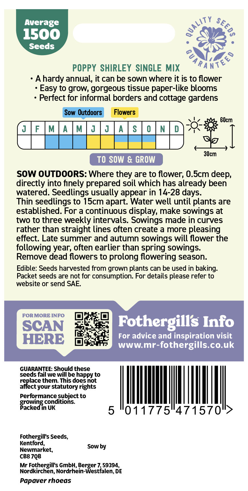 Mr Fothergill's Poppy Shirley Single Mix Seeds Packet