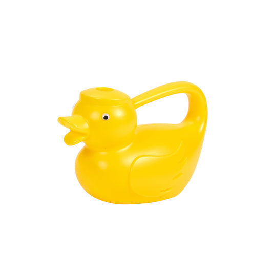 Yellow rubber duck with a handle on a white background