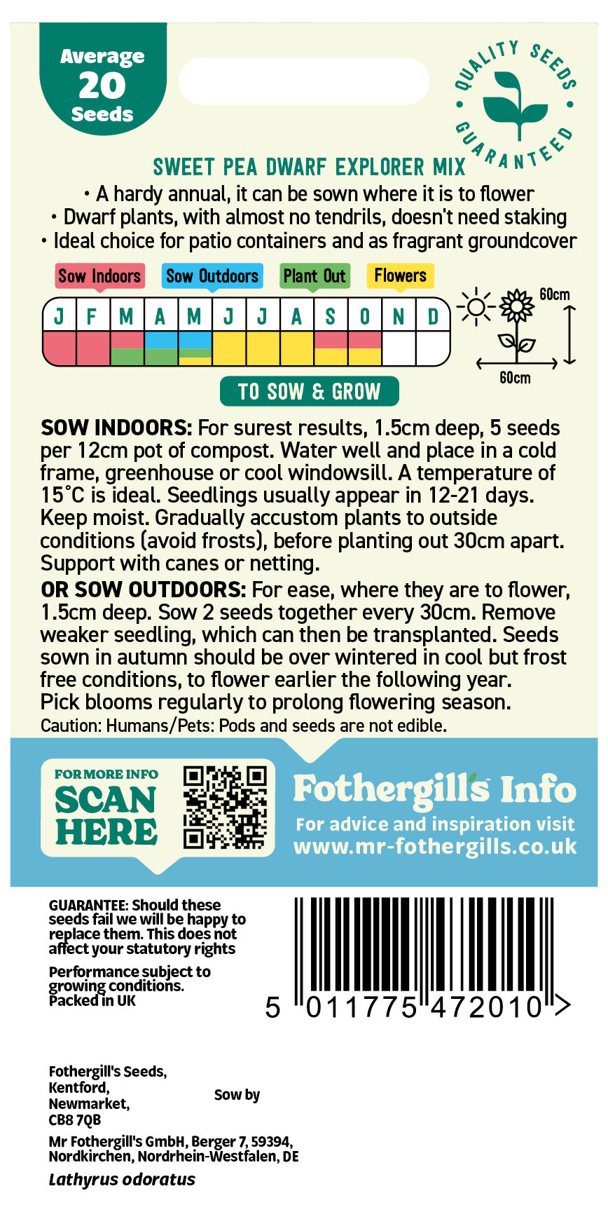 Mr Fothergill's Sweet Pea Dwarf Explorer Mix Seeds Packet
