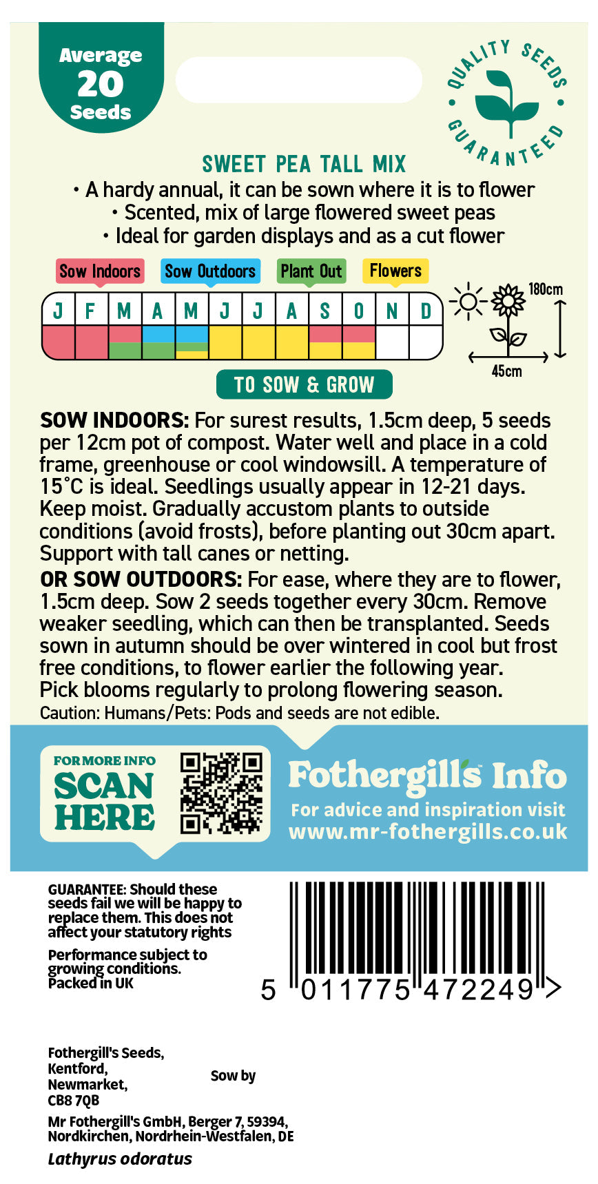 Mr Fothergill's Sweet Pea Tall Mix Seeds Packet