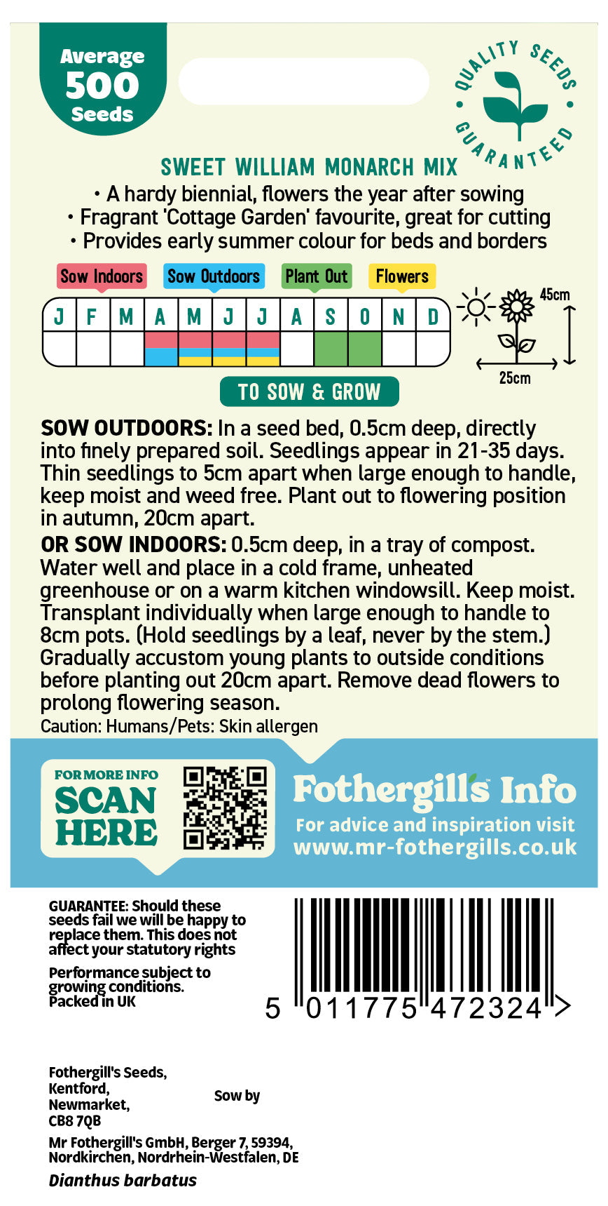 Mr Fothergill's Sweet William Monarch Mix Seeds Packet