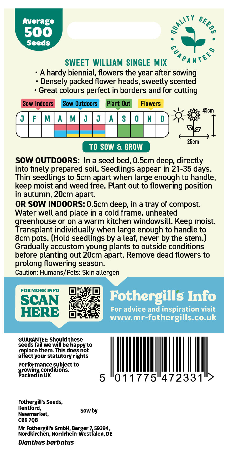 Mr Fothergill's Sweet William Single Mix Seeds Packet