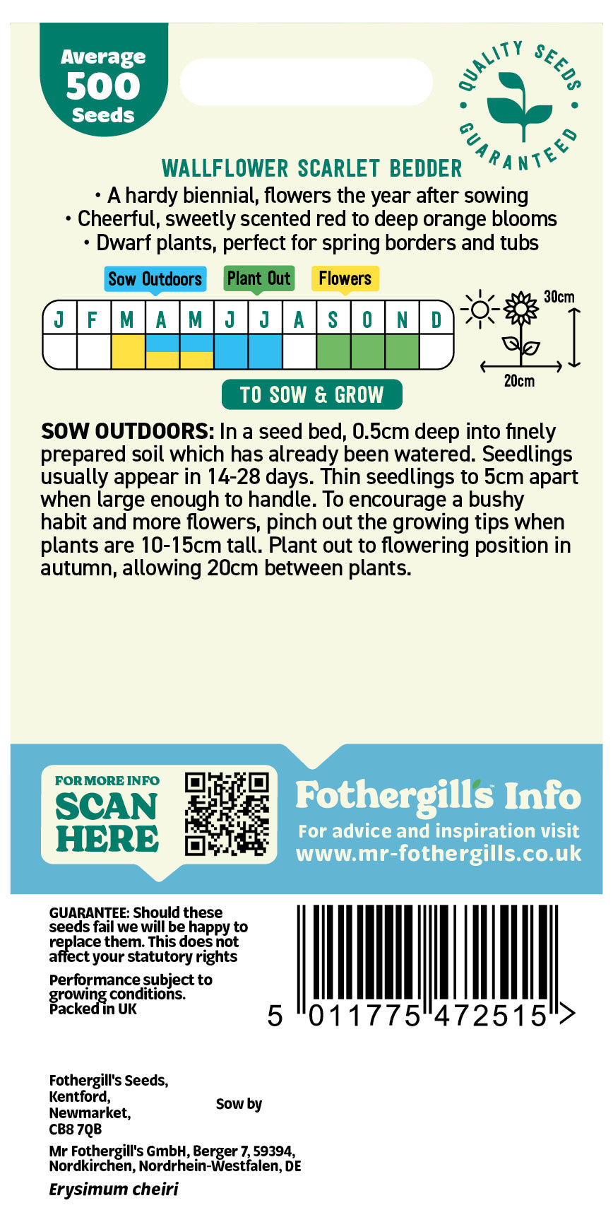 Mr Fothergill's Wallflower Scarlet Bedder Seeds Packet