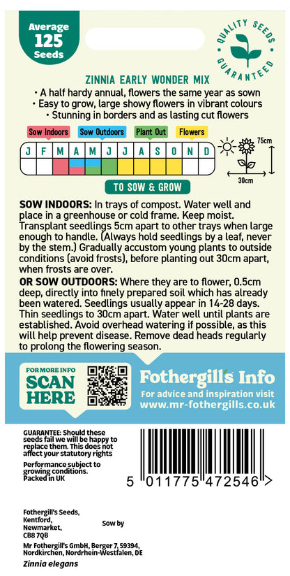 Mr Fothergill's Zinnia Early Wonder Mix Seeds Packet
