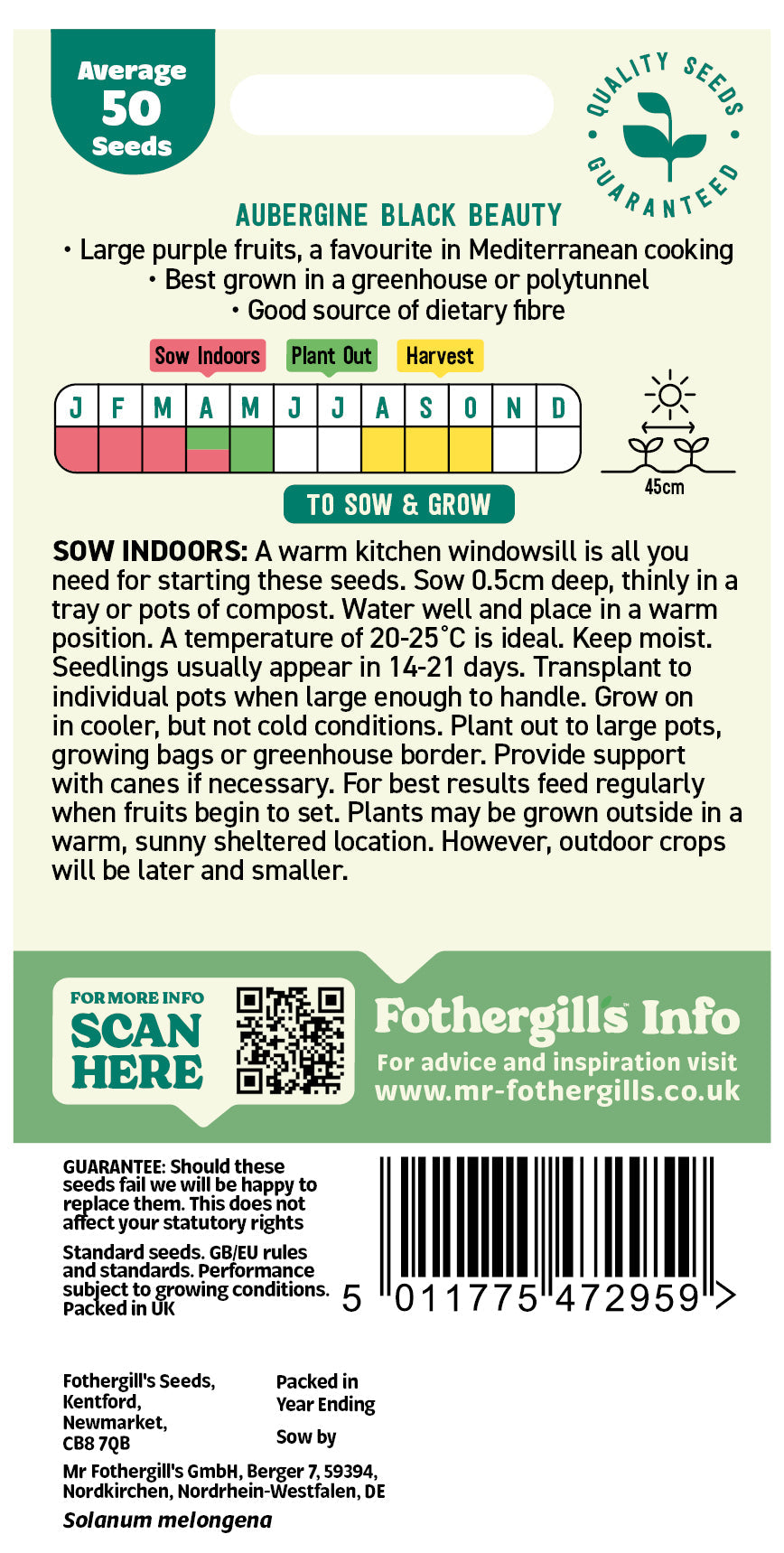 Mr Fothergill's Aubergine Black Beauty Seeds Packet