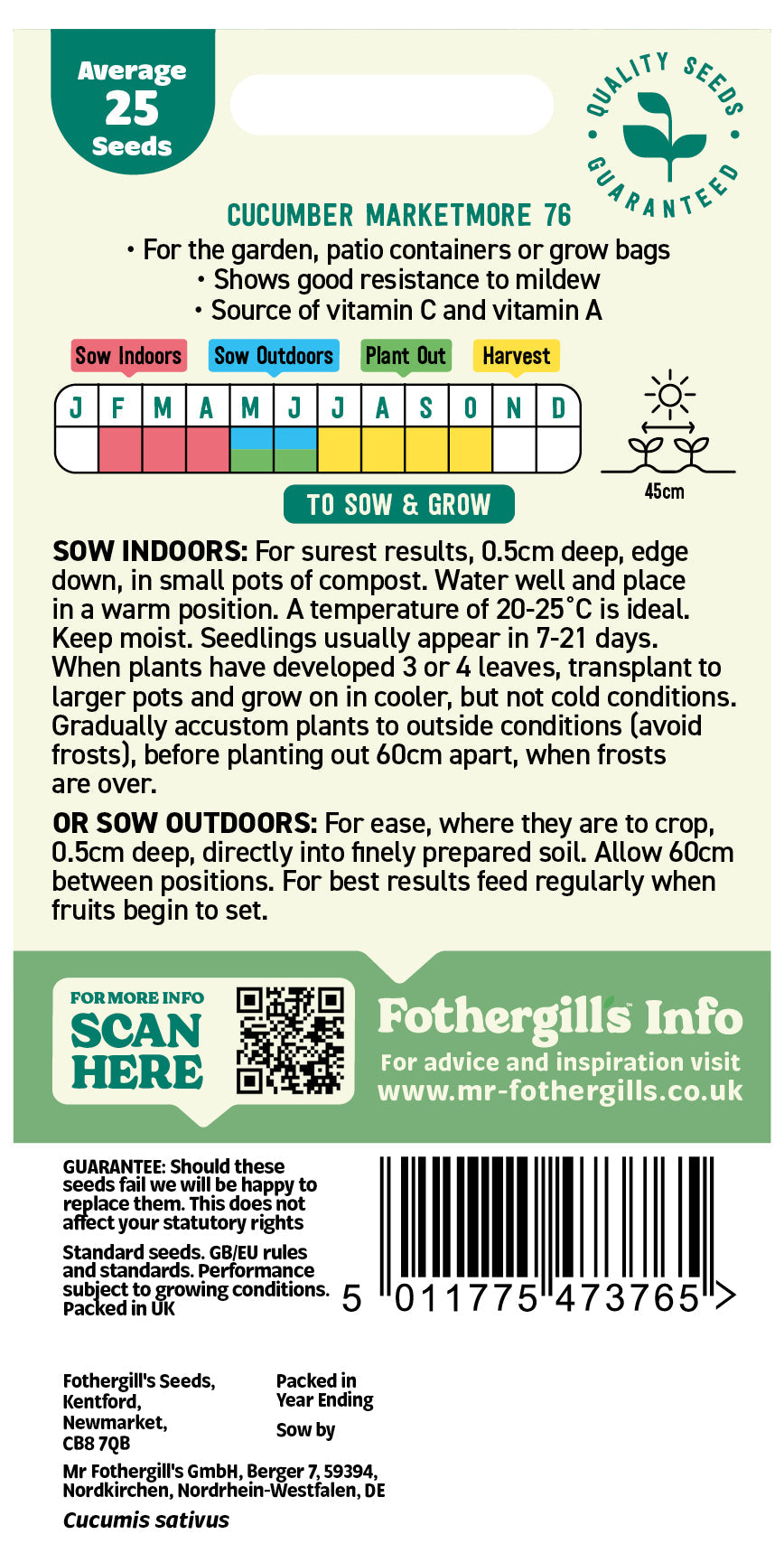 Mr Fothergill's Cucumber Marketmore 76 Seeds Packet