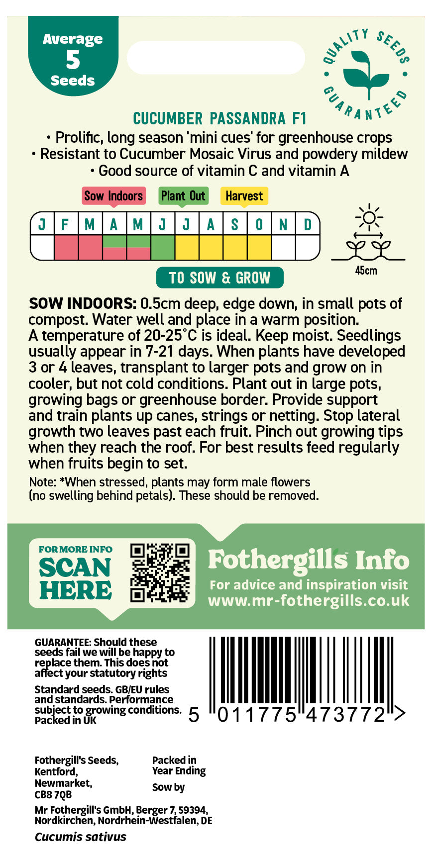 Mr Fothergill's Cucumber Passandra F1 Seeds Packet