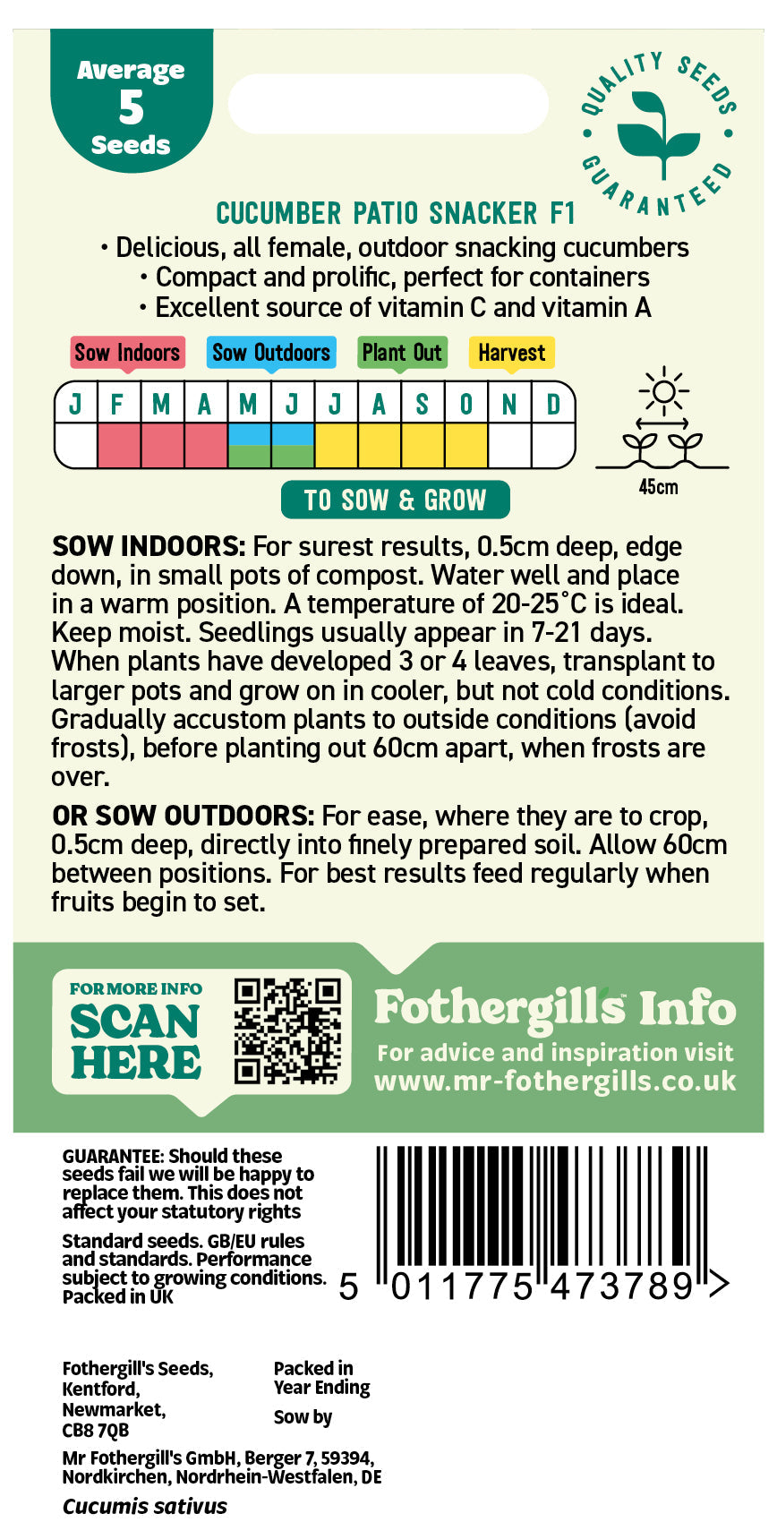 Mr Fothergill's Cucumber Patio Snacker F1  Seeds Packet