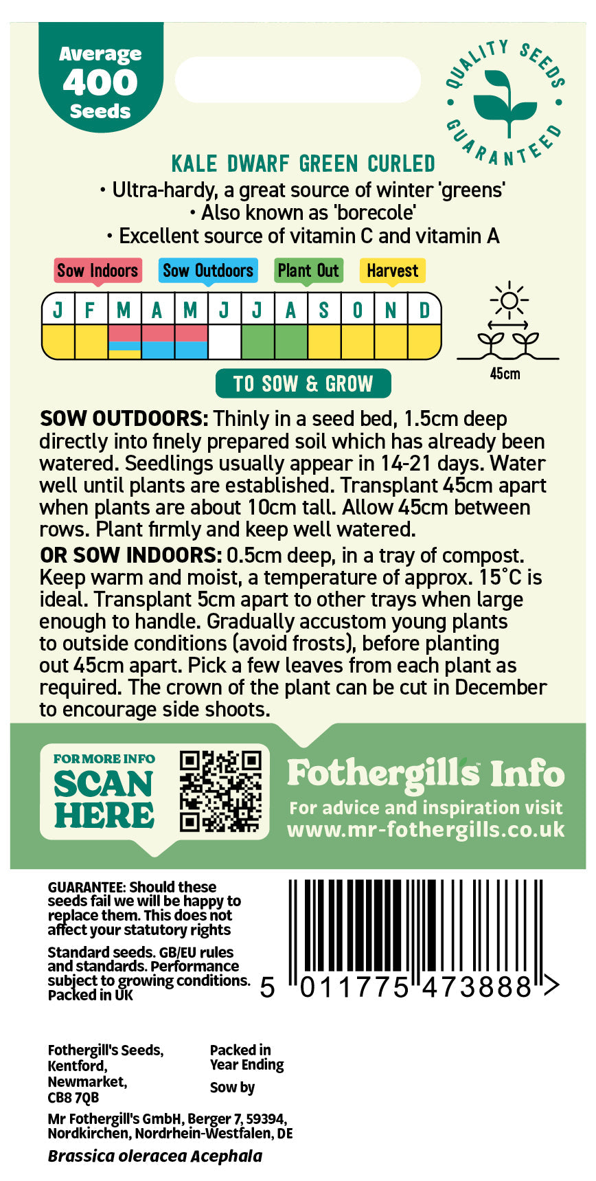 Mr Fothergill's Kale Dwarf Green Curled Seeds Packet