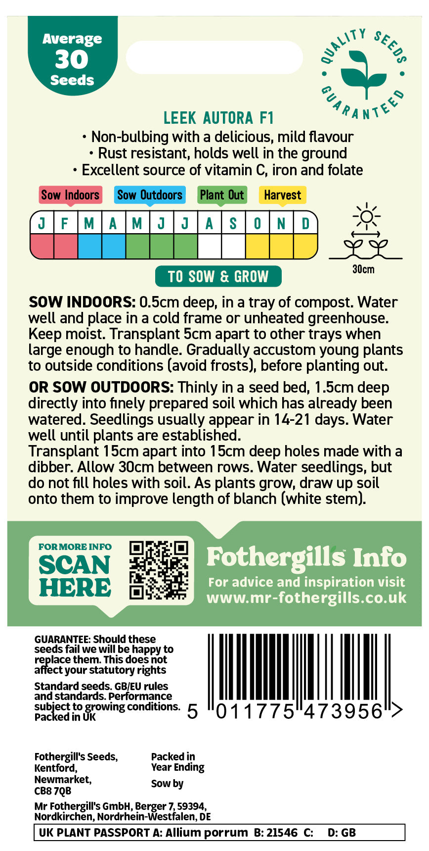 Mr Fothergill's Leek Autora F1 Seeds Packet