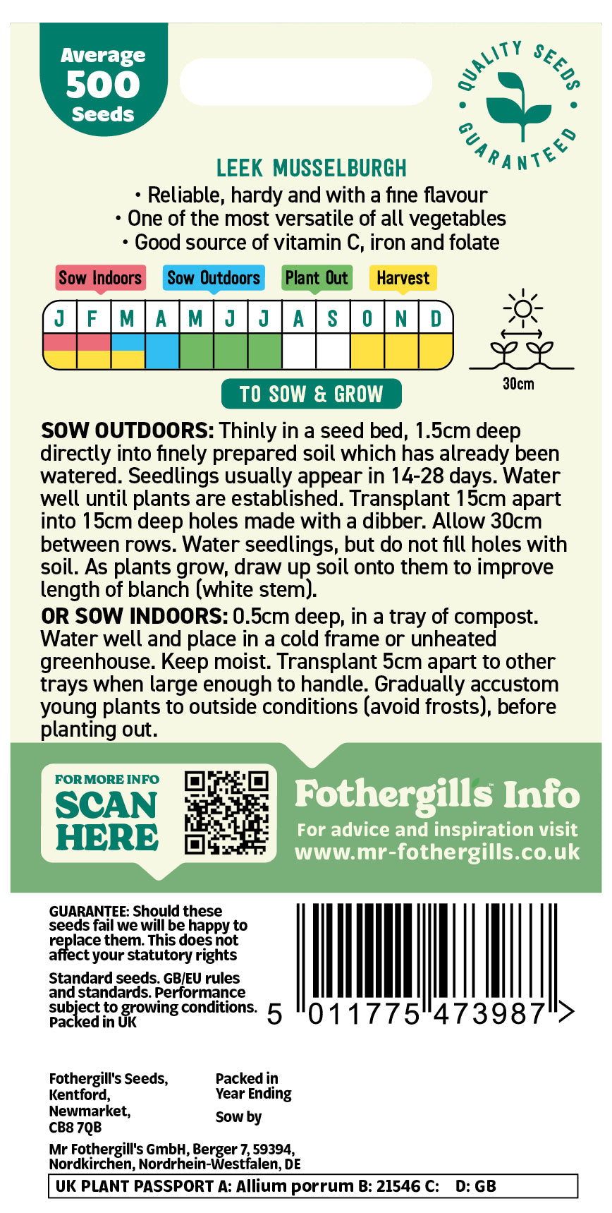 Mr Fothergill's Leek Musselburgh Seeds Packet