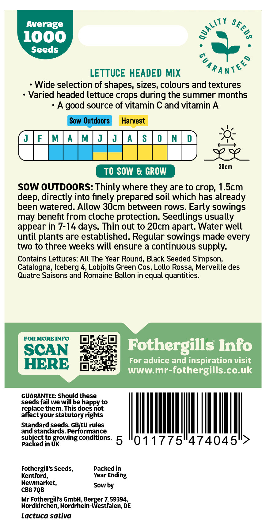 Mr Fothergill's Lettuce Headed Mix Seeds Packet
