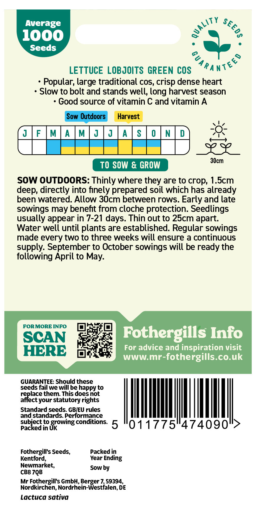 Mr Fothergill's Lettuce Lobjoits Green Cos Seeds Packet